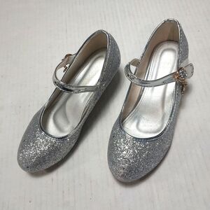 Girls Silver Mary Jane Glitter Sparkle low Block Heels Shoes Size 36.